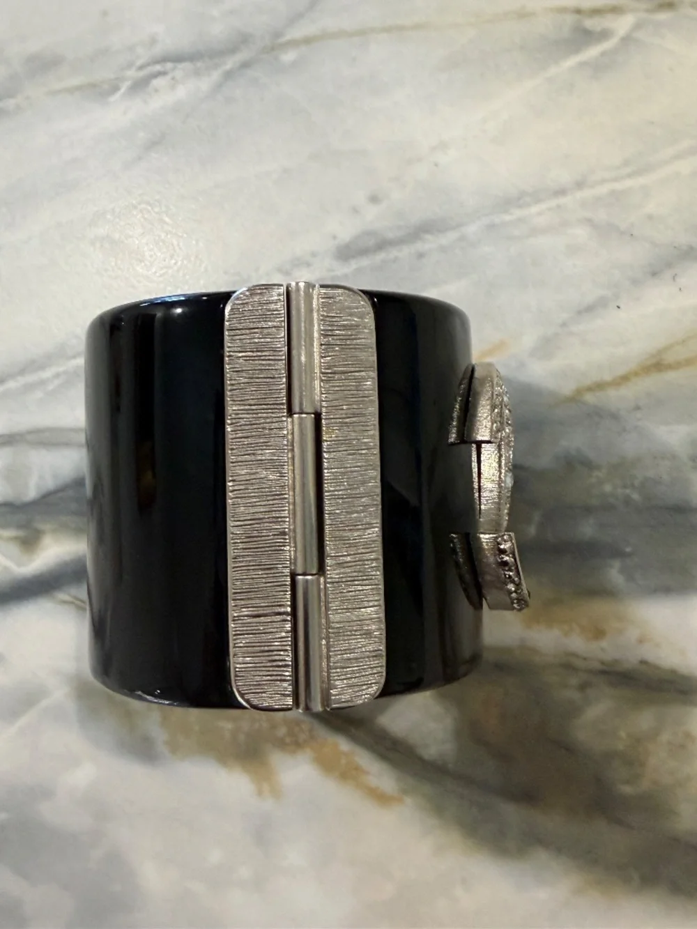 Chanel Black Resin wide cuff bracelet with interlocking CC crystal logo